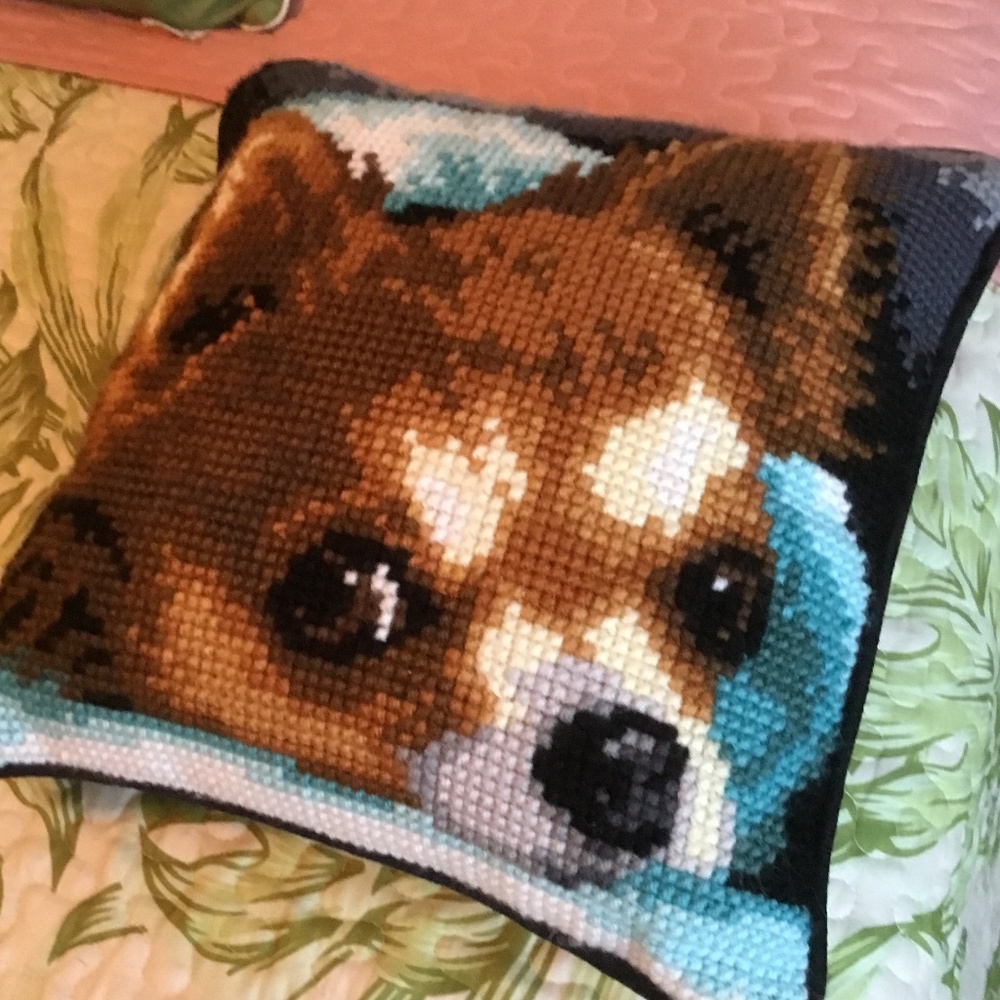 Handmade Yarn Cross Stitched Chihuahua Face Pillow